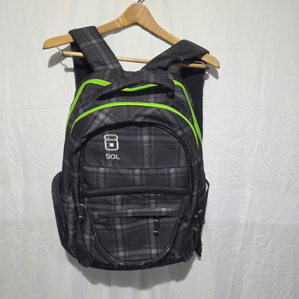 SOL Grey Black Plaid Backpack Neon Green Trim Multi Pocket Laptop Bag